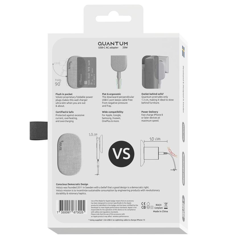 Quantum I 20W Ultra-flat USB-C Wall Charger with Lightning Cable, Snow-White - Volutz