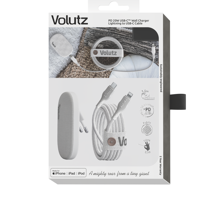 Quantum I 20W Ultra-flat USB-C Wall Charger with Lightning Cable, Snow-White - Volutz