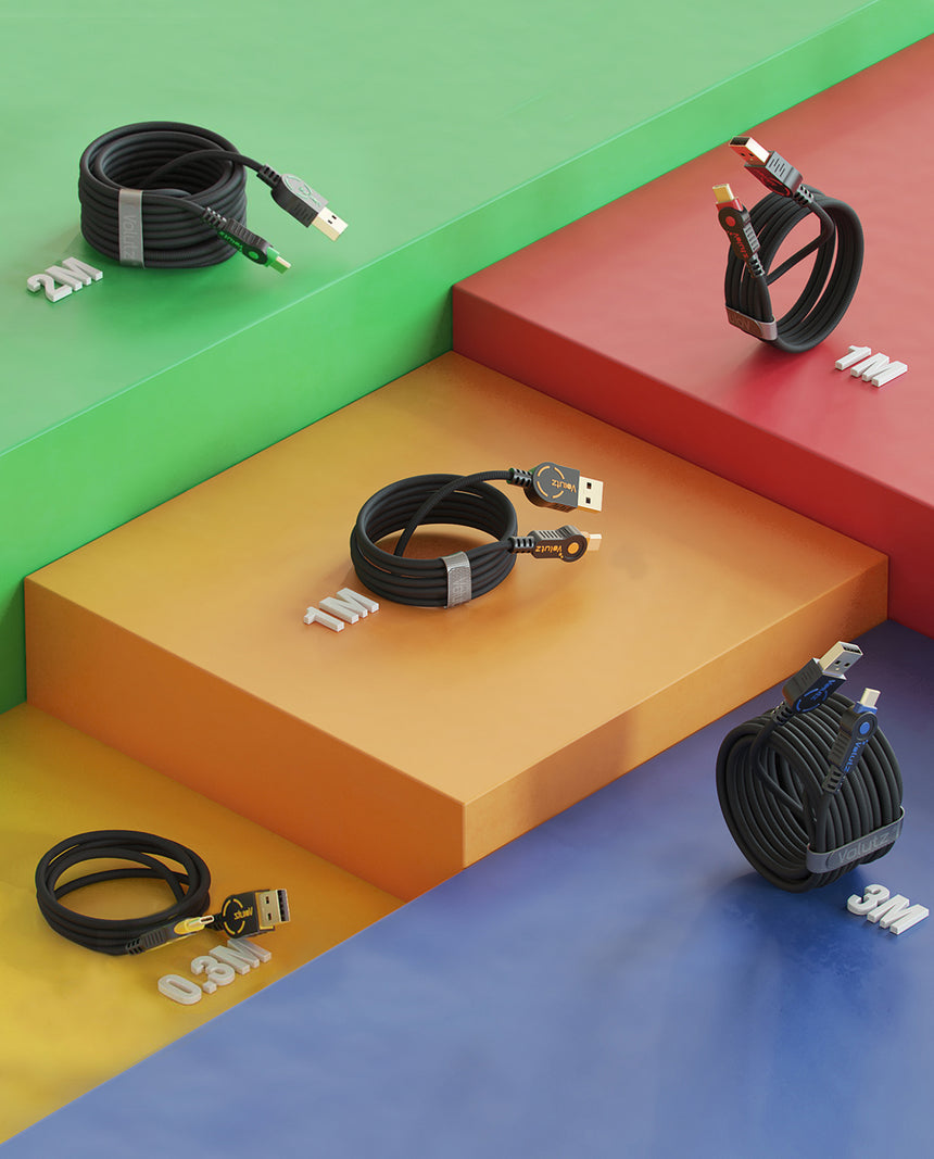 USB-C to USB Cables (5X), Assorted Lengths, Color-coded by Volutz - Volutz