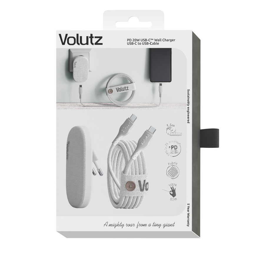 Quantum I 20W Ultra-flat USB-C Wall Charger with USB-C Cable, Snow-White - Volutz