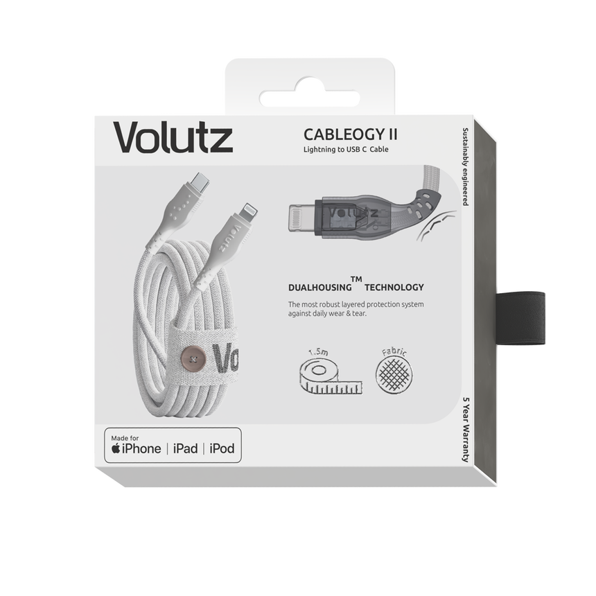 Volutz Cableogy II Lightning to USB C Cable, 1.5m, Ghost-white - Volutz
